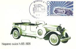 MONACO - Evolution Des Lignes Automobiles 1900-1975 - Hispano Suiza 1926 - Timbre Et Tampon Jour D'émission - Cartes-Maximum (CM)