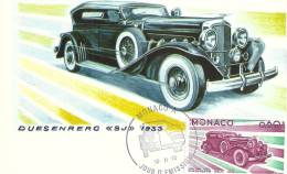 MONACO - Evolution Des Lignes Automobiles 1900-1975 - DUESENRERG 1933 - Timbre Et Tampon Jour D'émission - Maximumkarten (MC)