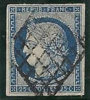 25 Cts Bleu Foncé Répub Franc N°4a Oblitéré - 1849-1850 Ceres