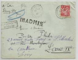 1940 - ENVELOPPE De FLEURY LA VALLEE (YONNE) INADMISE REEXPEDIEE - SEUL SUR LETTRE IRIS - Cartas & Documentos