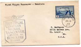 First Flight Vancouver Honolulu Hawaii 1949 Cover - Primeros Vuelos