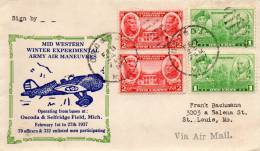 Oscoda MI 1937 Air Mail Cover Mid Western Winter Experimental Army Air Manuvers - 1c. 1918-1940 Lettres