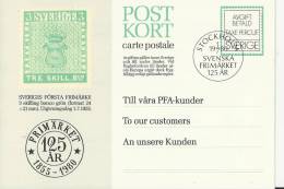 SWEDEN 1980 – PRE-STAMPED  TAXPAID GREETING CARD SENT TO  POSTAL  CUSTOMERS ON 125 YEARS OF FIRST SWEDISH STAMP POSTM ST - Postwaardestukken