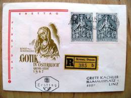 Cover Sent In Austria Osterreich 1967 Ersttag Fdc Registered Krems Donau Stein Kunst Art Gotik Religion - Brieven En Documenten