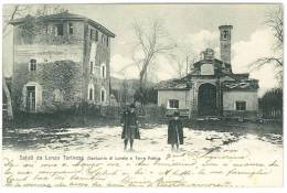 CARTOLINA -  SALUTI DA LANZO TORINESE - SANTUARIO DI LORETO E TORRE ANTICA  - ANIMATA - VIAGGIATA NEL 1903 - Viste Panoramiche, Panorama