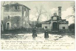 CARTOLINA -  SALUTI DA LANZO TORINESE - SANTUARIO DI LORETO E TORRE ANTICA  - ANIMATA - VIAGGIATA NEL 1903 - Multi-vues, Vues Panoramiques