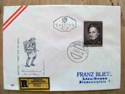 Cover Sent In Austria Osterreich 1965 Ersttag Fdc Gutenstein Ferd. Raimund Registered - Cartas & Documentos
