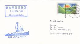 Schiffspost:  Schlepper MS "RASANT", Hamburg Überseebrücke, Stempel: Hamburg 24.11.1980 - Maritime