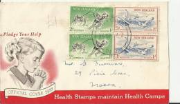 :NEW ZEALAND 1957 –FDC  HEALTH STAMPS - LIFE SAVING TEAM-CHILDREN PLAY - BOY IN CANOE) ADDR TO MOERA W 4 STS:2-1;3-1D PO - FDC