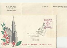 :NEW ZEALAND 1958 –FDC 100 YEARS NELSON CATHEDRAL CITY - 1858-1958 ADDR TO CANTERBURY - U.KINGDOM  W 1 ST OF 3 D POSTM. - FDC