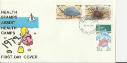 NEW ZEALAND 1979–FDC HEALTH STAMPS FOR HEALTH CAMPS - FISHES W 3 STS OF 2-10;2-10-2-12 C POSTM WANGANUI JUL 25 RE1096 - FDC