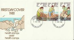 NEW ZEALAND 1981 – FDC HEALTH STAMP FOR CAMPS  - W 3  STS OF (2) 2-20;(1) 2-25 (boy & Girl Fishing) POSTM WANGANUI AUG 5 - FDC