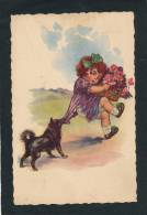 ENFANTS - LITTLE GIRL - Jolie Carte Fantaisie Fillette Avec Corbeille De Fleurs Retenue Par Un Chien Signée V. CASTELLI - Castelli