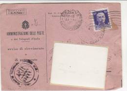 A2155 - RSI - 50 Cent Imp Uso Tardivo Su Avviso Ricevimento VG Genova-Roma 23-12-1943 - Poststempel