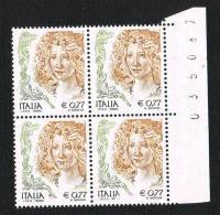 Italia 2002  €. 0,77 - La Donna Nell´Arte  Quartina Nuovi** Integri Bordo Di Foglio Con Appendice Numerica - Blocks & Sheetlets