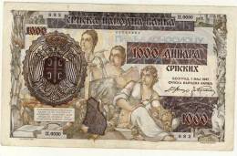 BILLET DE SERBIE # 1000 DINARS  # MILLE DINARS   # 1 ER MAI 1941  # - Servië