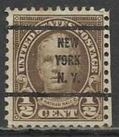 ETATS UNIS , UNITED STATES , 1/2 C , Nathan Hale , Préoblitéré " NEWYORK N.Y. " , 1925 - 31 , N° YT 256 A - Precancels