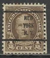 ETATS UNIS , UNITED STATES , 1/2 C , Nathan Hale , Préoblitéré " NEWYORK N.Y. " , 1925 - 31 , N° YT 256 A - Preobliterati