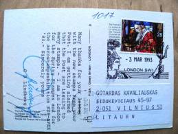 Post Card Sent From UK To Lithuania On 1993, Spring Stampex Cancel, G B Lindberg Autograph, Guards Parade 2 Scans - Cartas & Documentos