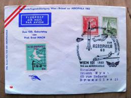 2 Scans, Cover From Austria 1963 Sent To Belgium, Spec.cancel Zeppelin Plane Rocket Aerophila Fisa Wien - Storia Postale