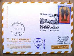 77. Ballonpost Card From Austria 1987 Cancel Balloon Kurstadt Gmunden Gleiche Chancen Equal Opportunities - Briefe U. Dokumente