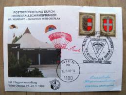 Card From Austria 1988 Cancel Neustadt Wien Oberlaa Coat Of Arms Parachutes Cancel - Storia Postale