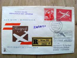 Cover Sent From Austria To Poland On 1958 Cancel AUA Plane Avion Austrian Airlines Wien Warszawa, 2 Scans - Covers & Documents