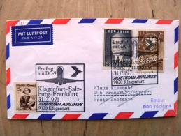 Cover Sent From Austria To Germany On 1971 Cancel Austrian Airlines Plane Avion Klagenfurt Aua First Flight 2 Scans - Storia Postale