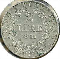 VATICAN PAPAL 2 LIRE WREATH FRONT POPE PIUS IX BACK DATED 1867 AG SILVER YEAR22 KM1309.2 READ DESCRIPTION CAREFULLY !!! - Vatican