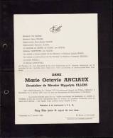 LETTRE DE DECES - MORT AU CHATEAU BEFFERHOF BONHEIDEN - MARIE ANCIAUX Douarière HIPPOLYTE ULLENS - Obituary Notices