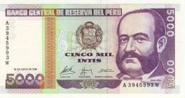 BILLET # PEROU # 1988 # CINCO MIL INTIS  # CINQ MILLE INTIS # NEUF # MIGUEL GRAU - Perù