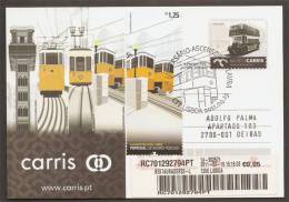 Portugal Carte Entier Postal Recommandée Tram Ascenseur Du Lavra Lisbonne 2011 Reg Postal Stationary Elevator Tramway - Tramways