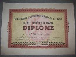 Diplôme 1950 Confédération Des Industries Céramiques De France ( Médaille Du Mérite Du Travail ) - Diploma's En Schoolrapporten