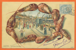 CPA : 76 - Seine Maritime : Dieppe :La Gare Maritime : Carte Gaufrée : Dessins Crevettes Animation - Grues , Bateaux ... - Dieppe