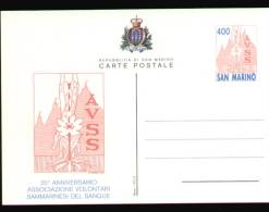 1985 San Marino, Blood Donation Association 25 Anniversary, AVSS Stationery Postcard, Cartolina Postale - First Aid