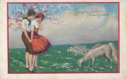 FEMMES - FRAU - LADY - Jolie Carte Fantaisie Italienne Couple Enlacé Avec Moutons De "Joyeuses Pâques" Signée CORBELLA - Corbella, T.