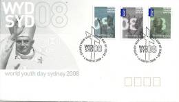 AUSTRALIA FDC WORLD YOUTH DAY  SYDNEY POPE BENEDICT XVI SET OF 3 STAMPS  DATED 04-03-2008 CTO SG? READ DESCRIPTION !! - Cartas