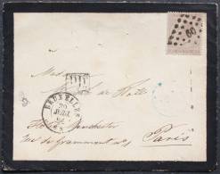 Enveloppe 1869  Bruxelles --> Paris, Affr. 30c YT 19 Leopold 1er, Losange Chiffe 60 - 1865-1866 Perfil Izquierdo
