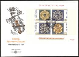 NORWAY FDC 1994 «Silversmith Miniature Sheet». Perfect, Cacheted Unadressed Cover - FDC