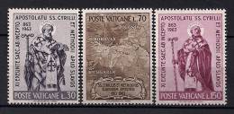 VATICANO 1963, YVERT 387/389 **, XI CENTENARIO DEL APOSTOLADO DE SAN CIRILO, RELIGIÓN - Ungebraucht