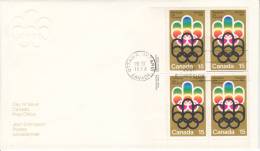 Canada FDC Scott #624 Lower Left Plate Block 15c Olympics Logo - 1976 Summer Olympics - 1971-1980