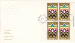 Canada FDC Scott #624 Lower Right Plate Block 15c Olympics Logo - 1976 Summer Olympics - 1971-1980