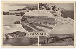 Swanage Used 1954 Postcard, Promenade, Bay, Pier, Lulworth Cove, Tilly Whim Caves, Cave Durlston Head, Etc.,  Dorset - Swanage