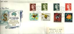 AUSTRALIA FDC CHANGE TO DECIMAL CURRENCY PART SETS OF 4 EACH QEII BIRD FISH DATED 14-02-1966 CTO SG? READ DESCRIPTION !! - Cartas & Documentos