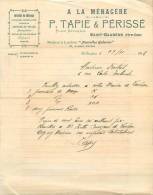 FACTURE LETTRE :  SAINT GAUDENS . A LA MENAGERE . P. TAPIE &amp; PERISSE . 1916. MAISON à LUCHON . - 1900 – 1949