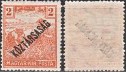 HUNGARY, 1918, Issues Of The Republic, Overprinted In Black, Harvesting Wheat, Sc/Mi 153 / 223 - Nuevos
