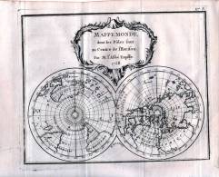 Mappemonde Dont Les Pôles Sont Au Centre De L'horizon - Gravure Sur Cuivre Originale De 1758 - Other & Unclassified