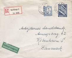 Sweden Deluxe KARLSKOGA 1 Nr. 618 Label 1954 Cover Brief To Denmark UTFÖRSEL MEDGIVEN Label Dentist Tandläkare (2 Scans) - Storia Postale