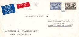 9580# FINLANDE LETTRE PAR AVION EXPRES Obl HELSINKI HELSINGFORS 1967 EBERSBACH ALLEMAGNE SUOMI FINLAND LENTOPOSTI PIKA - Lettres & Documents