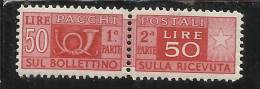 ITALY REPUBLIC ITALIA REPUBBLICA 1946 1951 PACCHI POSTALI PARCEL POST LIRE 50 FILIGRANA RUOTA WHEEL MNH BEN CENTRATO - Postal Parcels